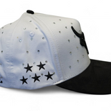 Side View of The Lost Calf White Western Trucker Hat featuring black embroidered branding and a black bill.