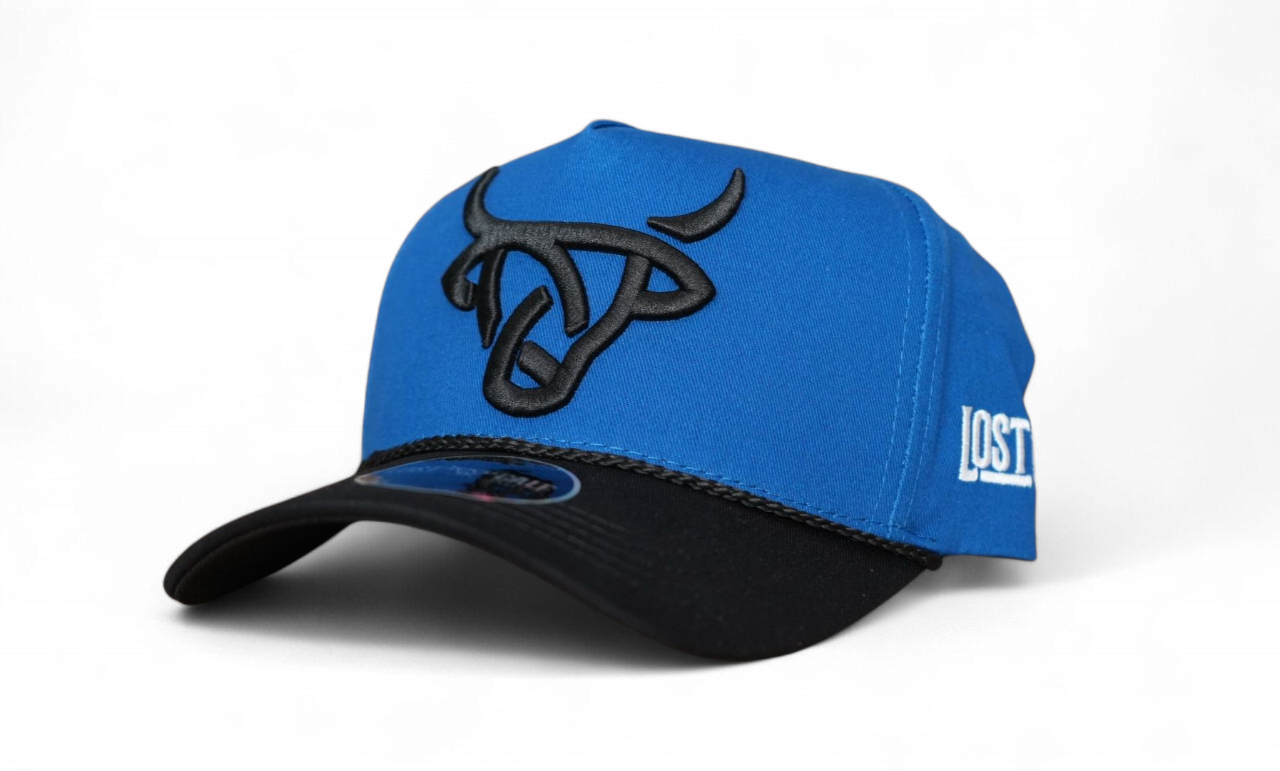 Front view of the royal blue Zarin A-Frame hat featuring the black embroidered logo and black rope detail