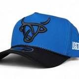 Front view of the royal blue Zarin A-Frame hat featuring the black embroidered logo and black rope detail