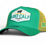 Green and yellow A-Frame cap with a farm patch stating 'Lost Calf Houston TX' 