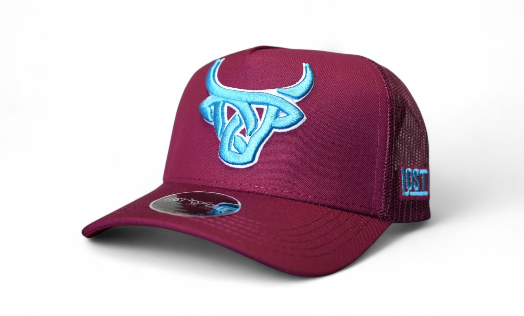 Full maroon A-Frame hat with light blue Lost Calf logo embroidery and matching maroon mesh back.