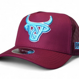 Full maroon A-Frame hat with light blue Lost Calf logo embroidery and matching maroon mesh back.