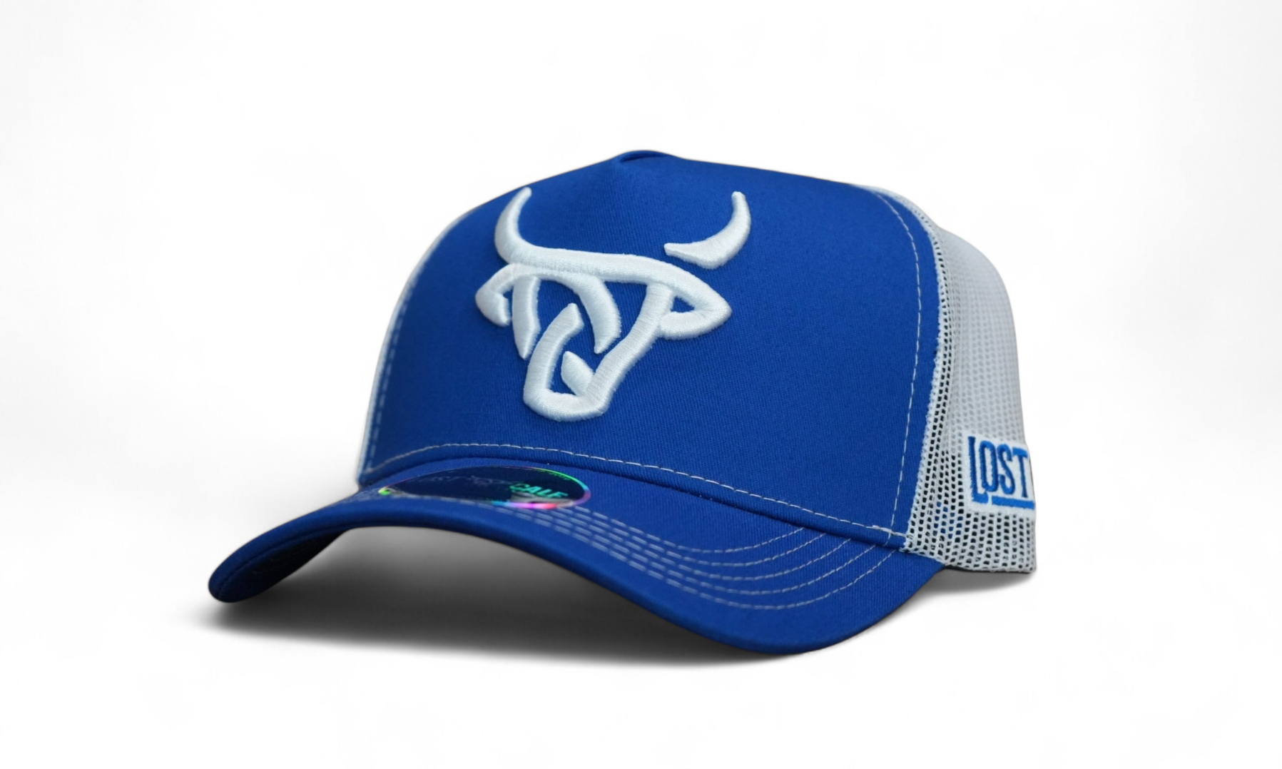 Royal blue A-Frame baseball cap with white mesh back and a bold white Lost Calf logo embroidered on the front.