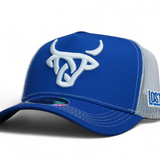 Royal blue A-Frame baseball cap with white mesh back and a bold white Lost Calf logo embroidered on the front.