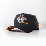 Black Gem A-Frame western trucker hat with colorful embroidered Lost Calf logo and black mesh back.