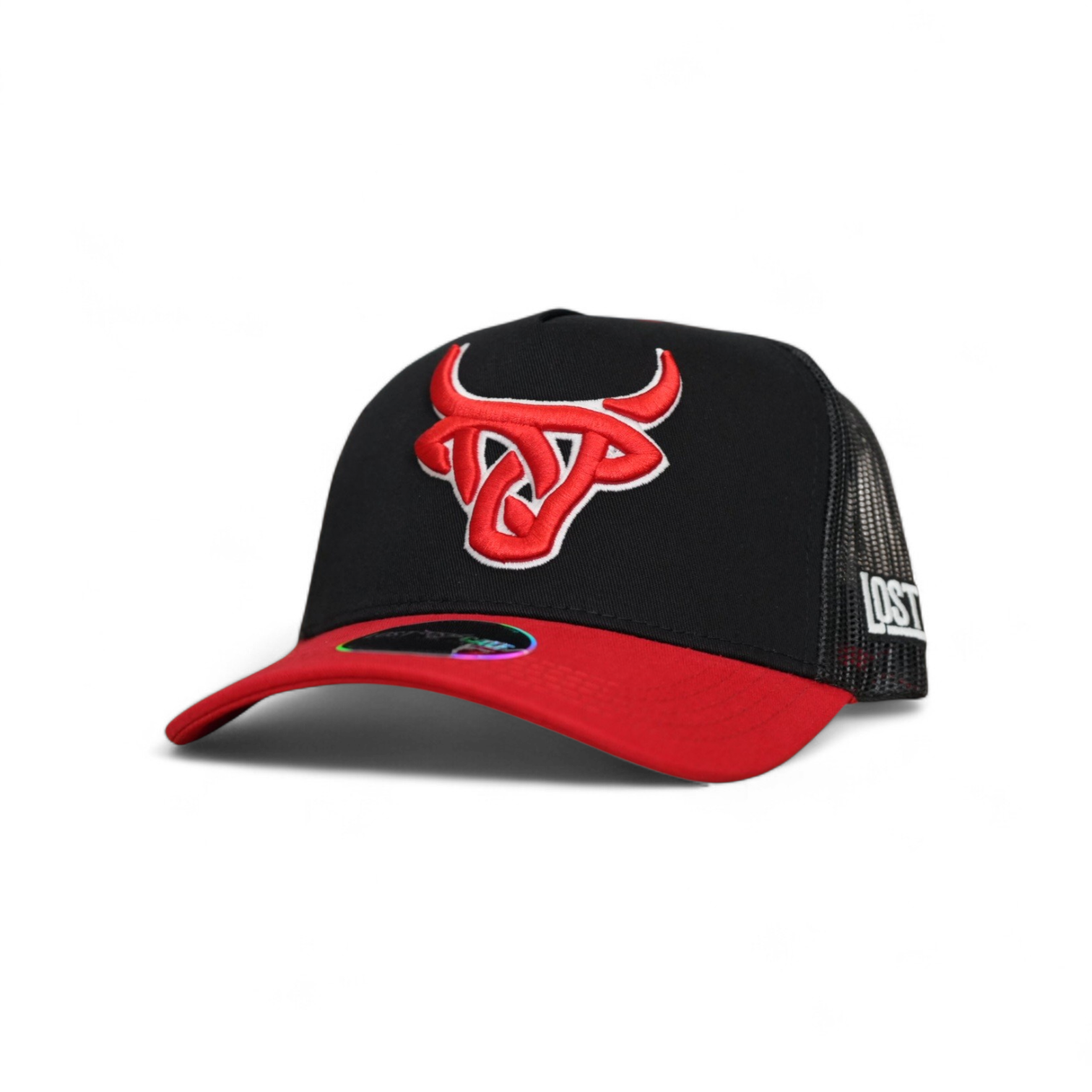 Black and red snapback with a bright red Lost Calf logo outlined in white