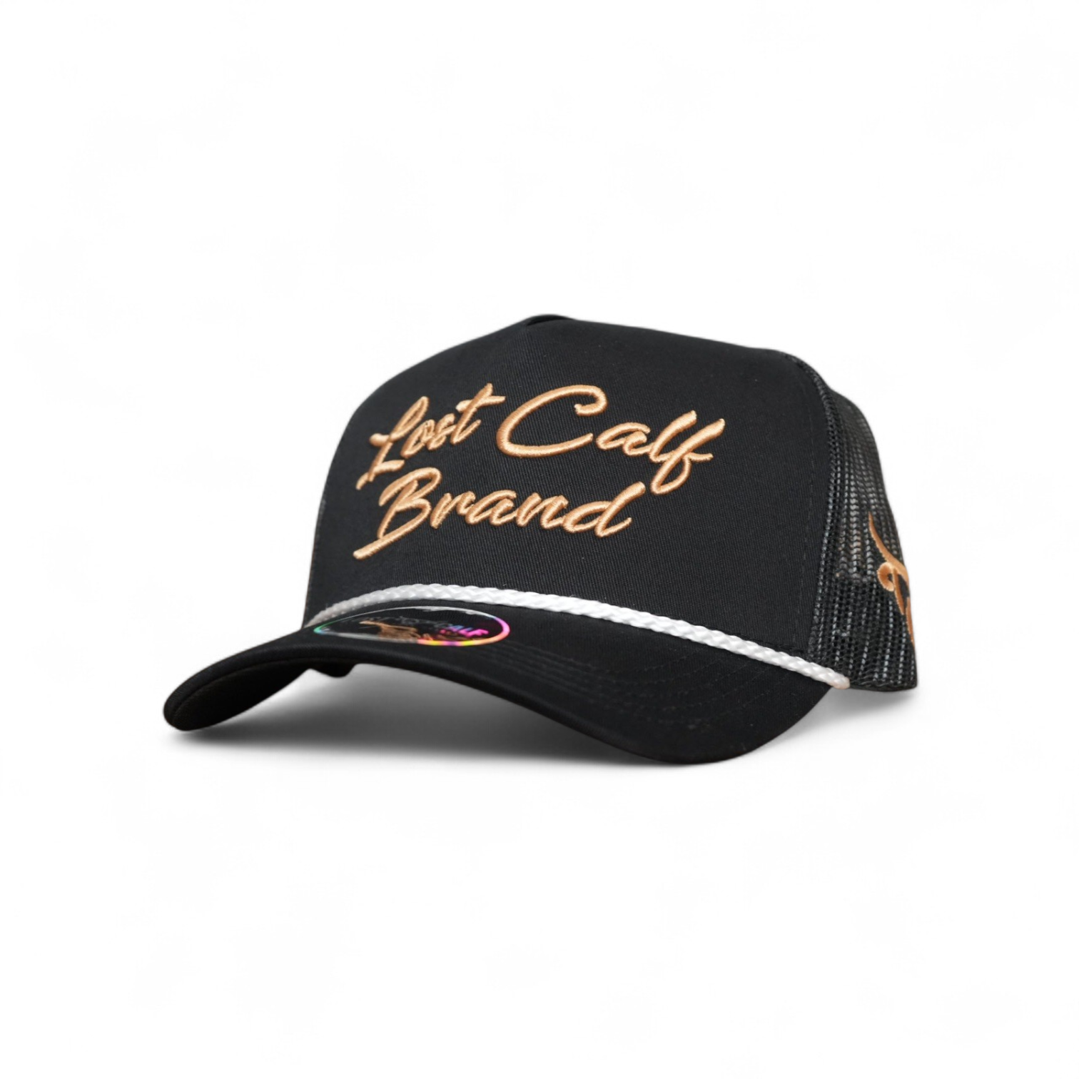 Black cap with 'Lost Calf Brand' embroidery and a white rope on the back of the rim