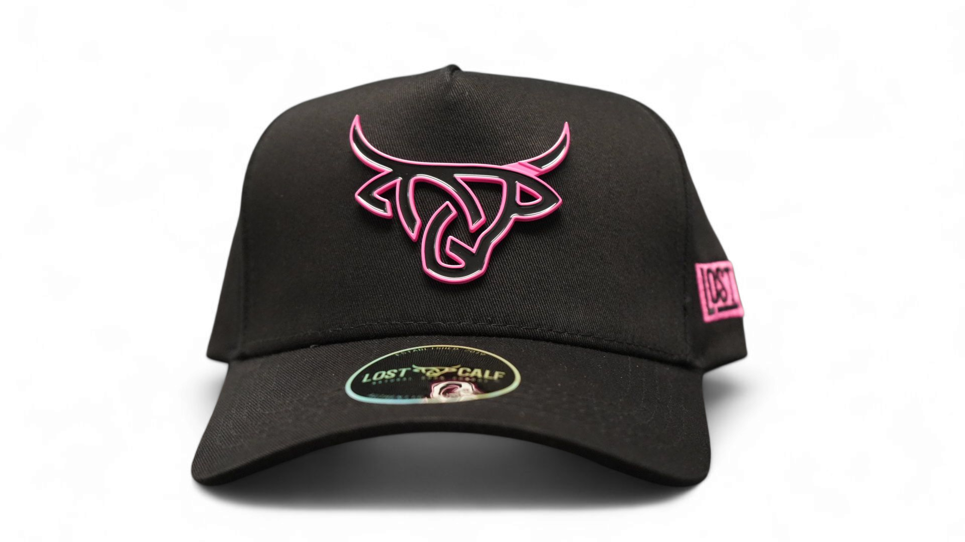 Front view of a black Lost Calf A-Frame hat featuring a black metal logo with a vibrant pink outline and high-crown buckram lining.