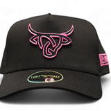 Front view of a black Lost Calf A-Frame hat featuring a black metal logo with a vibrant pink outline and high-crown buckram lining.