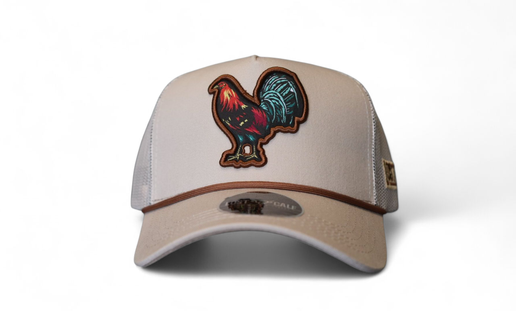 Light khaki snapback A-Frame hat with a colorful rooster design outlined in brown