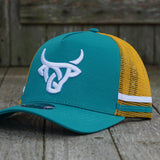 A teal and yellow baseball cap with a Lost Calf logo embroidered on the front, and a yellow mesh back. White and teal stripes across the mesh backing. 